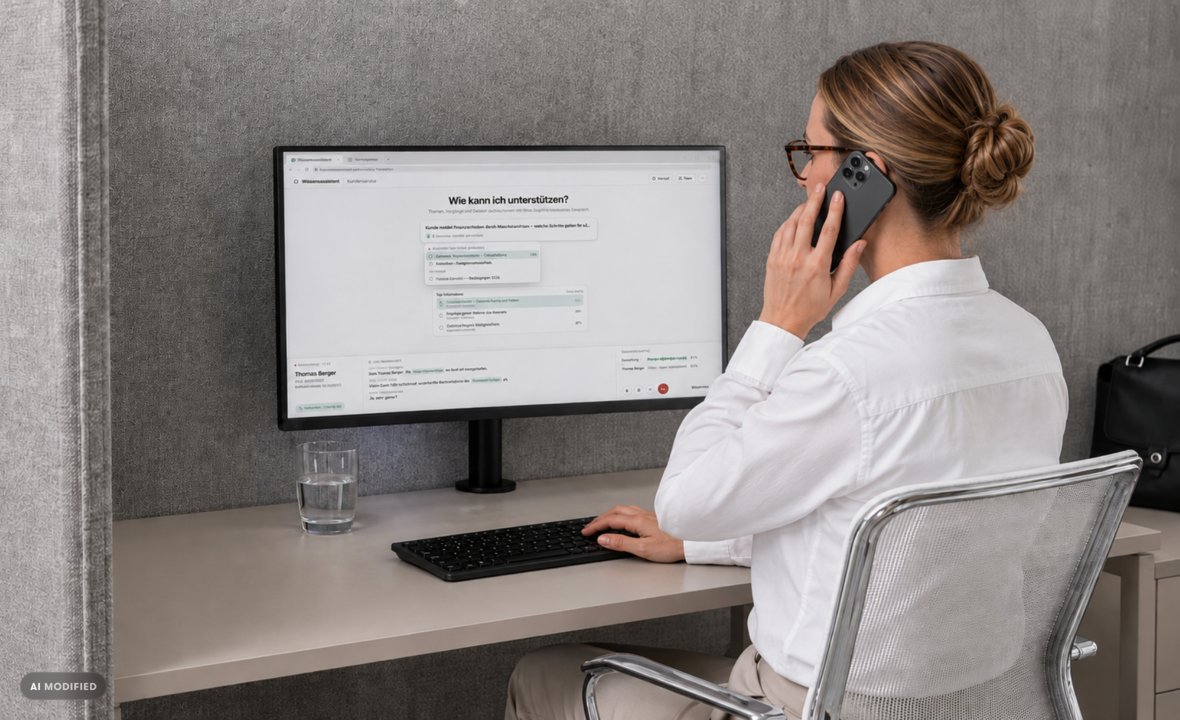 Eine Mitarbeiterin mit Headset arbeitet an einem modernen KI-Interface am Desktop-Arbeitsplatz. Die Szene visualisiert einen praxisnahen KI-Proof-of-Concept für effiziente Workflows, digitale Beratung und skalierbare Unternehmenslösungen. KI Proof of Concept