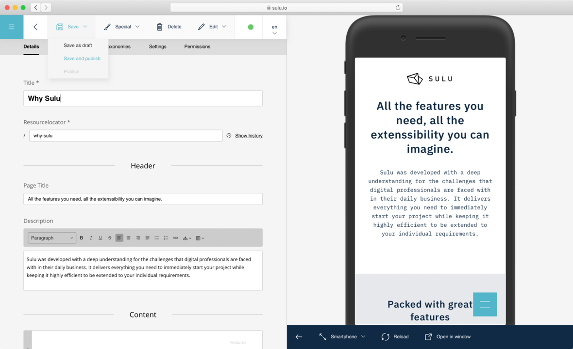 Thanks to the intuitive interface, even complex websites can be managed very easily with Sulu. Sulu Interface