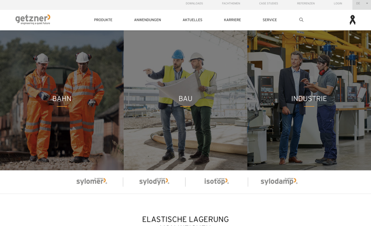 Bei B2B Plattformen müssen Inhalte und Funktionen besonders gut auf Zielgruppen abgestimmt werden. Getzner Werkstoffe Website Navigation