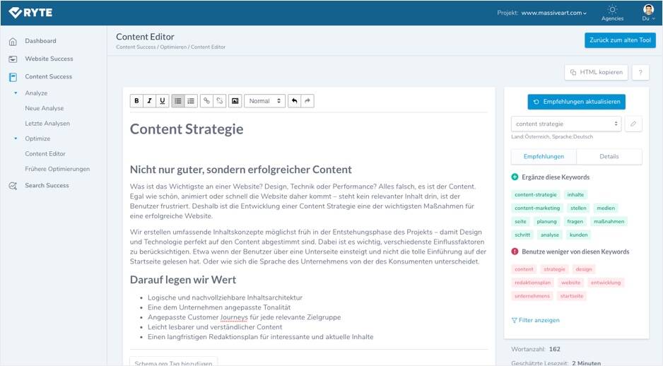 Ryte Content Editor Empfehlungen