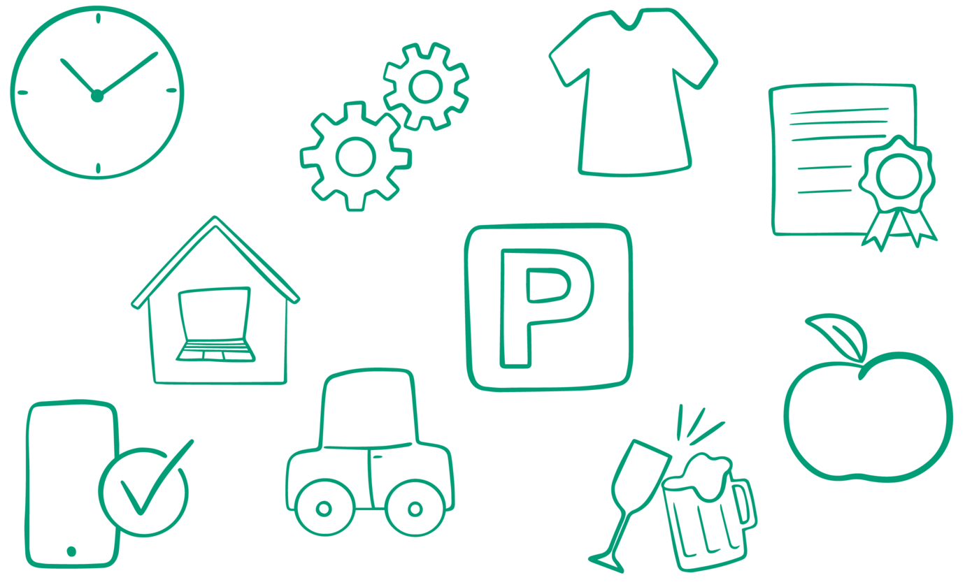 Gleitzeit, HomeOffice, Technologie-Paket, Weiterbildung, Afterwork Drinks, Pool-Car, Firmenparkplatz, No-Dresscode uvm. Benefit-Icons