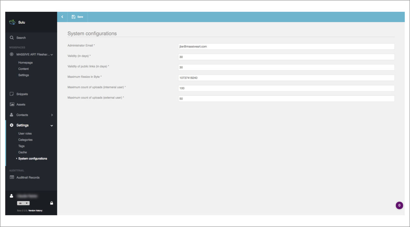 Abbildung 4: Von der maximalen Dateigröße bis hin zur Gültigkeitdauer der Dateien kann alles in den Systemkonfigurationen definiert werden.  2017-08-08 MASSIVE ART Fileshare System Einstellungen
