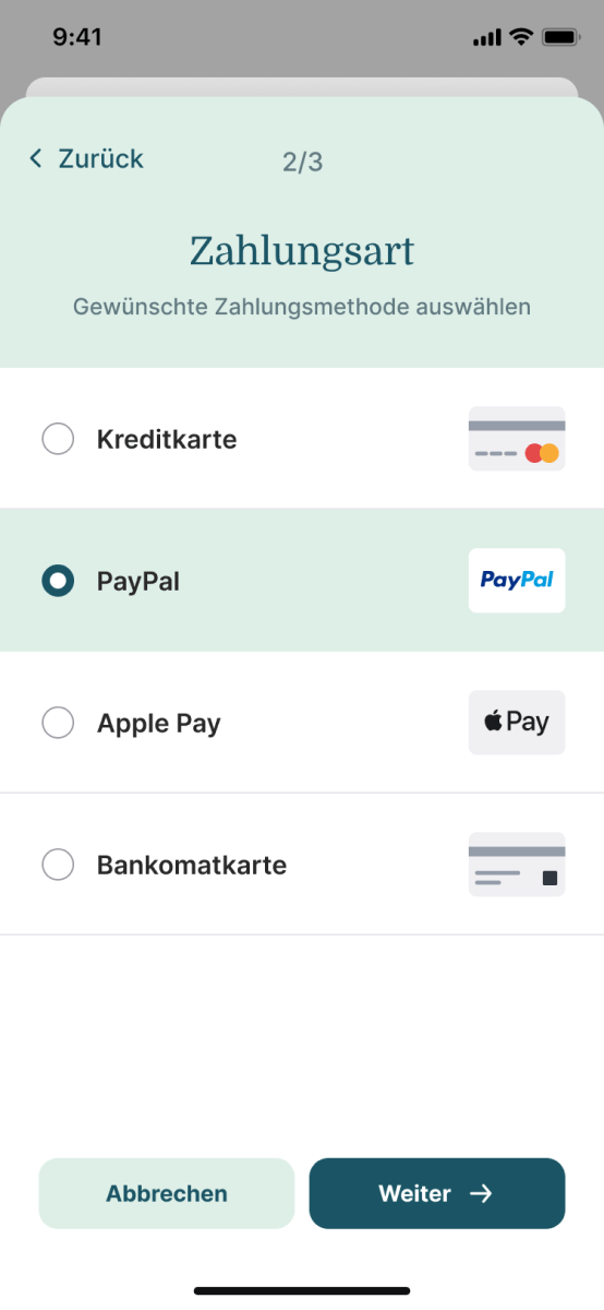 Bestell App Zahlungsarten
