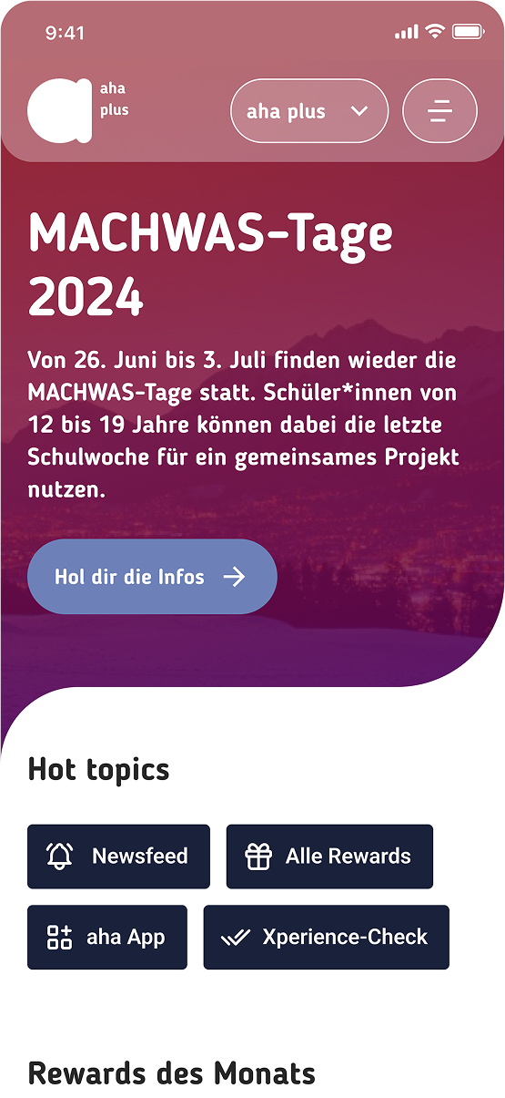 Die Startseite verbindet Web und App zu einem nahtlosen Nutzererlebnis Startseite Aha plus