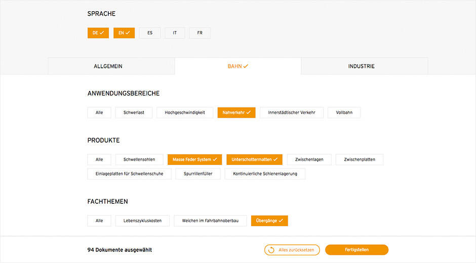 Abbildung 2: Die Sprache, Kategorie und anschließend die Anwendungsbereiche, Produkte und Fachthemen werden ausgewählt.  Getzner Messetool Filter MASSIVE ART