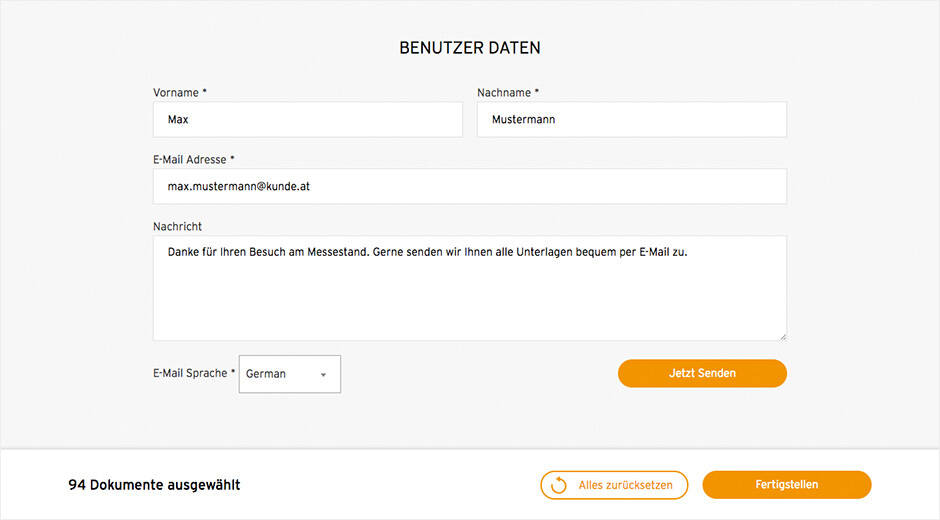 Abbildung 4: Bevor die E-Mail mit dem Downloadlink versandt wird, wird noch der Empfänger eingefügt. Eine Nachricht mit Bezug auf den Messebesuch macht die E-Mail persönlicher.  Getzner Messetool Personalisierte Nachricht MASSIVE ART