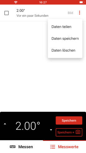 Darstellung aller Messwerte inkl. Speicherung mit/ohne Photo Sola Measures App