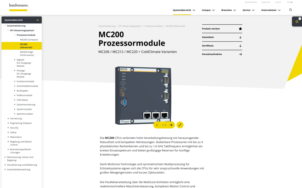 Produktdetailseite mit Quicklinks, Merken-Funktion & Datenblatt-Download bachmann-electronic-website-produkt