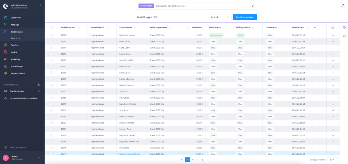 Shopware 6 Backend - Auflistung der Bestellungen Bestell-App Backend Bestellungen