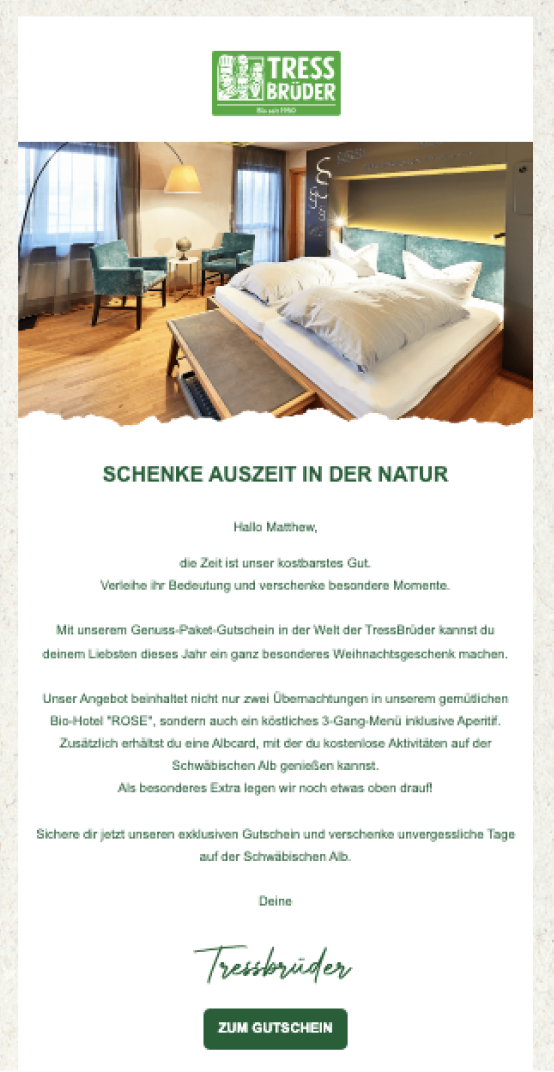 Automatisierte Mail für die Gutschein-Aktion Tress Brüder Mail