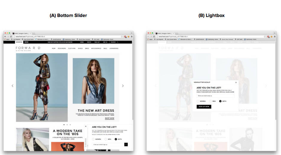 Dezentes Anmeldefenster (links) und großes Overlay zum aktiven Wegklicken (rechts). Ergebnis: 2,25 Prozent mehr Anmeldungen durch die umgesetzte, rechte Variante. Quelle: optimizely.com
