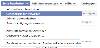 Genehmigungen verwalten unter Seite berarbeiten in Facebook