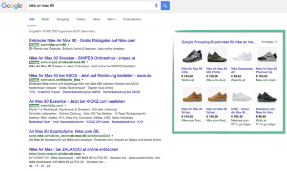 Google Shopping Ergebnisse am Beispiel des Produktes «Nike Air»