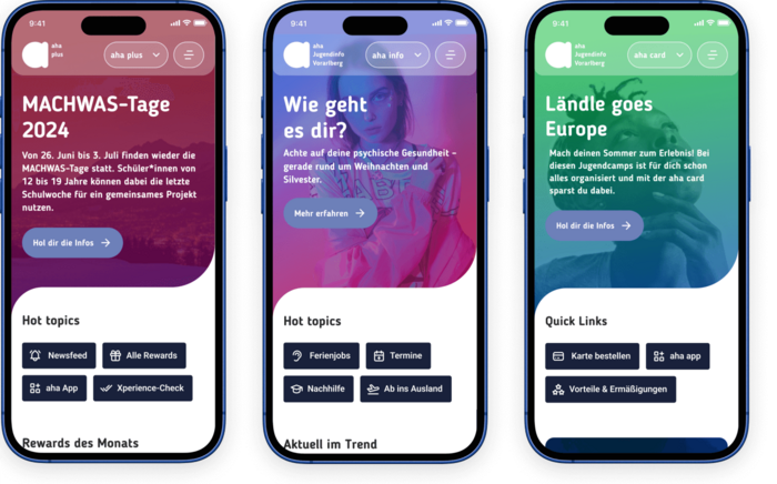 Home page of the 3 portals: aha plus, aha info & aha card, separated by one click Three platforms combined in a standardised UX