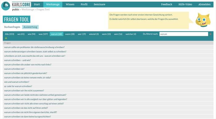 Das Fragen Tool von karlsCORE: Hier ein paar Warum-Fragen zum Suchbegriff "schreiben". karlsCORE Fragen Tool