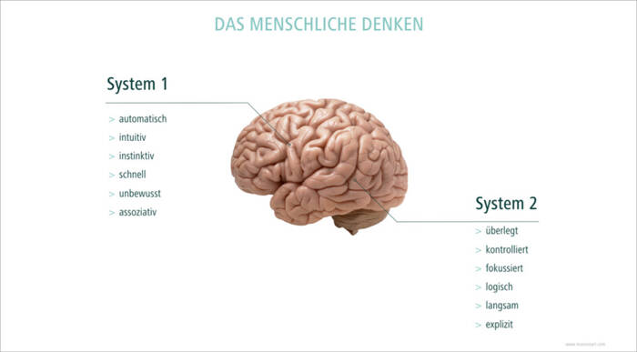 Abbildung 1: Unser Gehirn arbeitet in zwei Denksystemen: Dem unbewussten, schnellen Denken (System 1) steht das bewusste, langsame Denken (System 2) gegenüber. Behavior Patterns – Das menschliche Denken MASSIVE ART