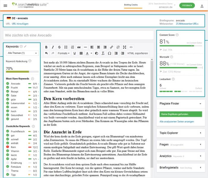 Ein Beispieltext über Avocados im Searchmetrics Content Editor. Searchmetrics Content Editor