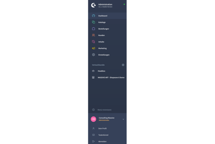 Abbildung 1: Navigationsleiste Shopware 6: Administrationsoberfläche