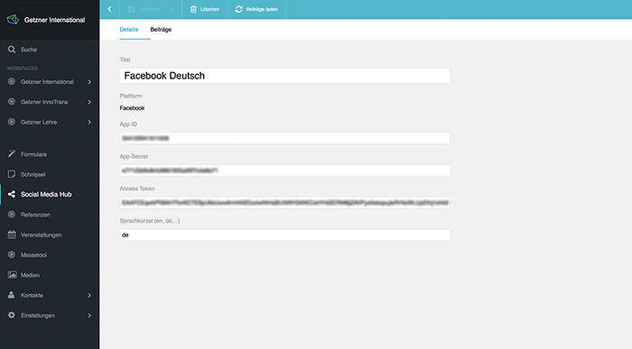 Abbildung 2: Plattform und Sprache können im Backend des Social Media Hub festgelegt werden. Getzner Social Hub Sulu Pflege MASSIVE ART