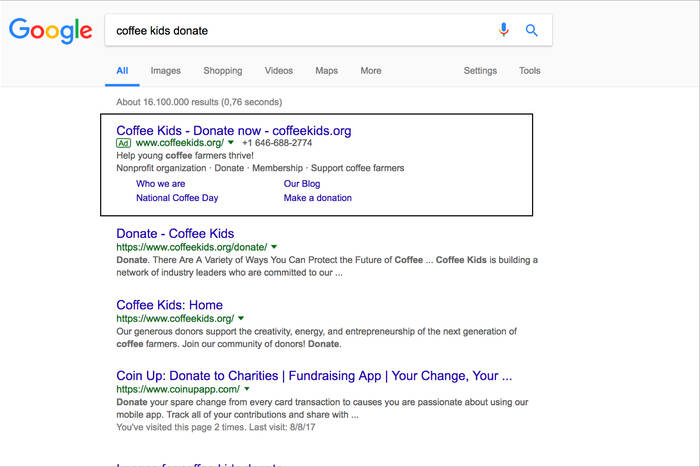 Abbildung 3: Die Schaltung der Anzeigen führte zu mehr Sichtbarkeit in der Suchmaschine. 2017-09-12 MASSIVE ART Blog Coffee Kids Google Ad Screenshot