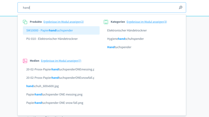 Abbildung 2: Umfassende Suchfunktion im Backend: Zum Ergebnis werden auch Kategorien ausgespielt. Shopware 6: Suchfunktion