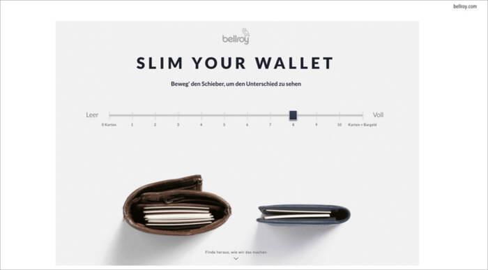 Abbildung 4: Mittels einem interaktiven Regler wird die "bellroy"-Geldtasche und eine herkömmliche Geldbörse befüllt. Behavior Patterns – Dimensionen verständlich machen MASSIVE ART