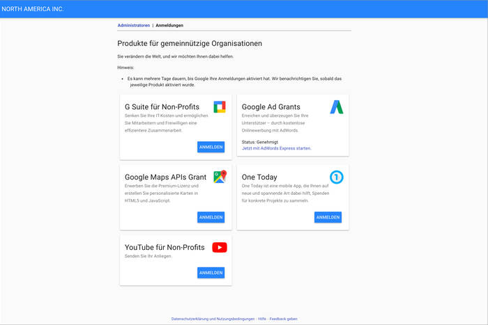 Abbildung 2: Um Zugang zum Google Grants Portal zu erhalten, müssen vier Schritte durchlaufen werden.  2017-09-12 MASSIVE ART Blog Coffee Kids Organisation Screenshot